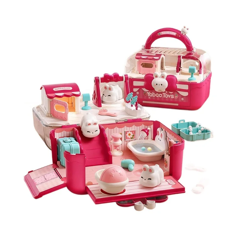 Cute Bunny Cat Dollhouse Magnetic Pretend Play Role Play Set Toddler Kids Girls Toys Gift