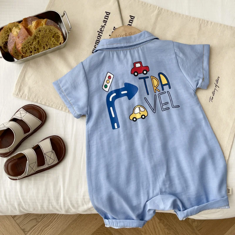 Fashion Newborn Baby Boy Summer Clothes Short Sleeve Turn Down Collar Cartoon Car Print Pocket Romper Jumpsuit Outfits 0-24M