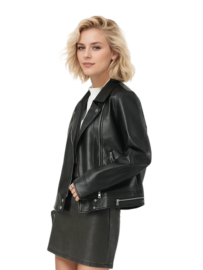 Preto couro do plutônio jaqueta feminina outono turn down collar zíper motocicleta casaco curto 2025 novo casual outerwear topos