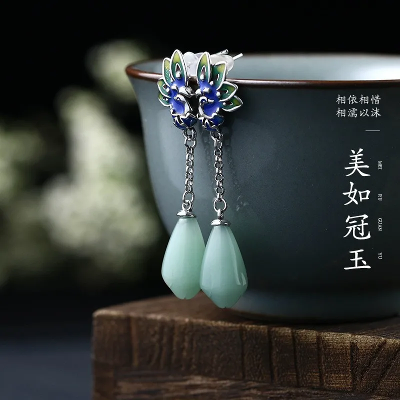 Vintage Chinese Jade Pendant Earrings for Women Ancient Silver Color Retro Palace Style Luxury Jewelry Flower Shaped Ornaments