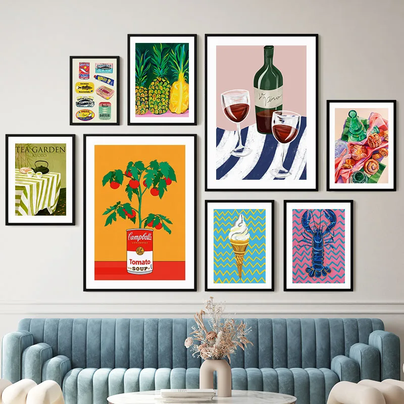 Tea Wine Pineapple Striped Canvas Printing Tomato Lobster Wall Art Poster Modern Living Room Bedroom Kitchen Home Decor Gifts