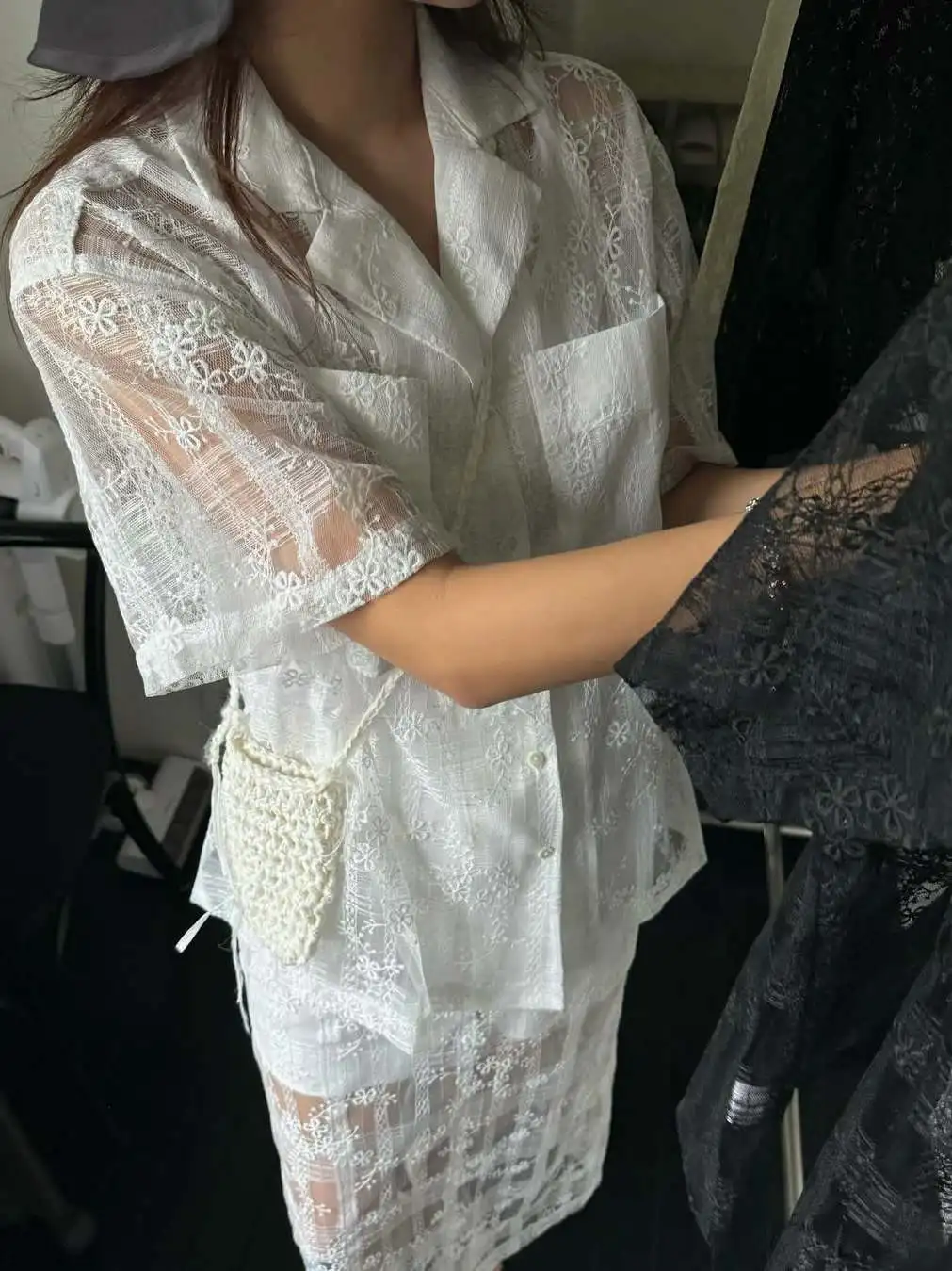 

Elegant Floral Embroidery Suit Jacket Women's Loose Slimming Semi-Transparent Lace Fashionable Midi Skirt Set Spring Summer