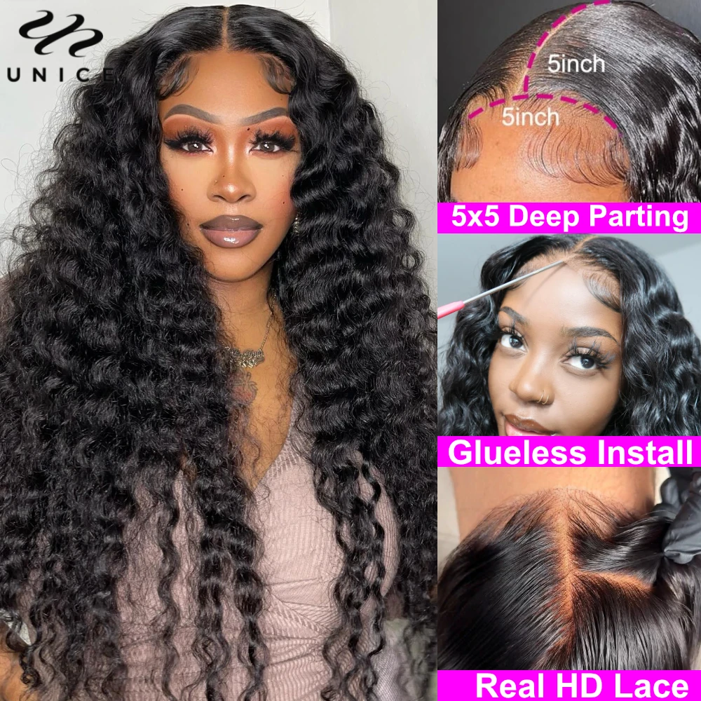 Unice Hair 5x5 HD Lace Wig 100% Human Hair Lace Front Deep Wave Wig Pre Cut Pre Bleached Pre Plucked Ready To Wear Glueless Wig