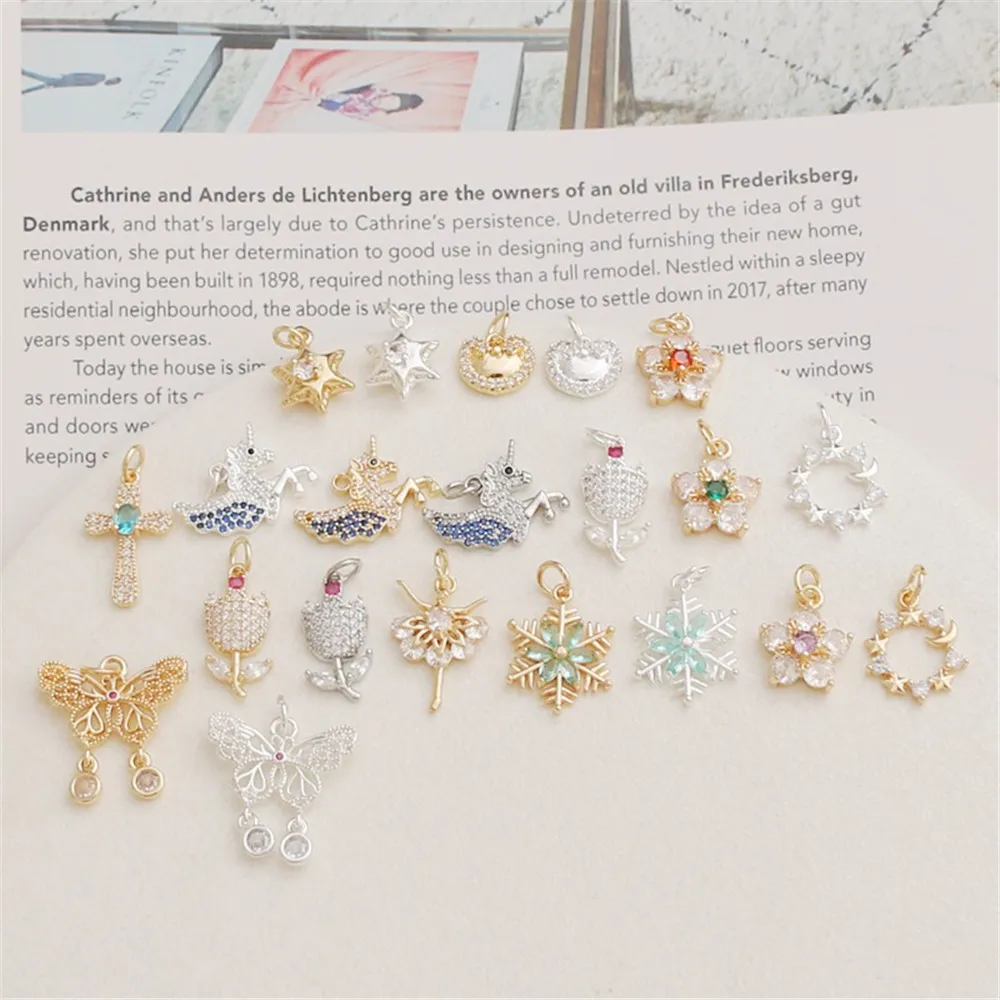 

14K Gold Color Zircon Multi-style Pendant Wreath Butterfly Five-petal Bracelet Necklace Pendant Diy Jewelry Charm Accessories