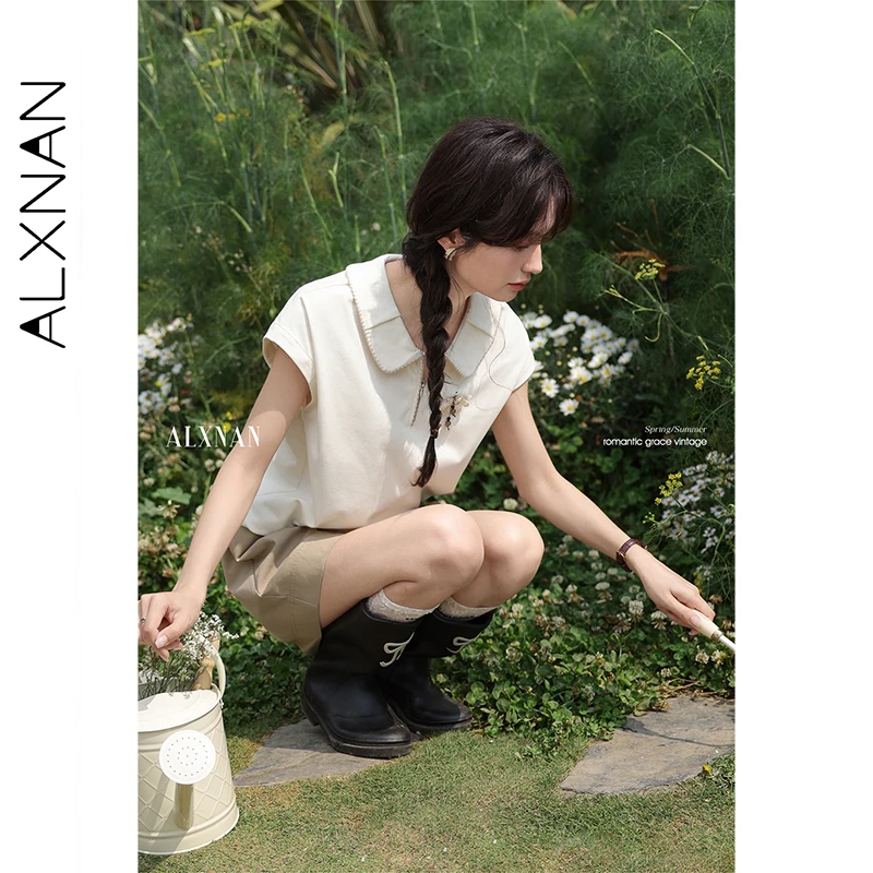 ALXNAN T-Shirt mit Polokragen, kurzärmelig, Baumwolle, Damen-T-Shirt, 2025, elegantes 3D-Blumen-Reißverschluss-Design, lässige Oberteile, Damen, L55210