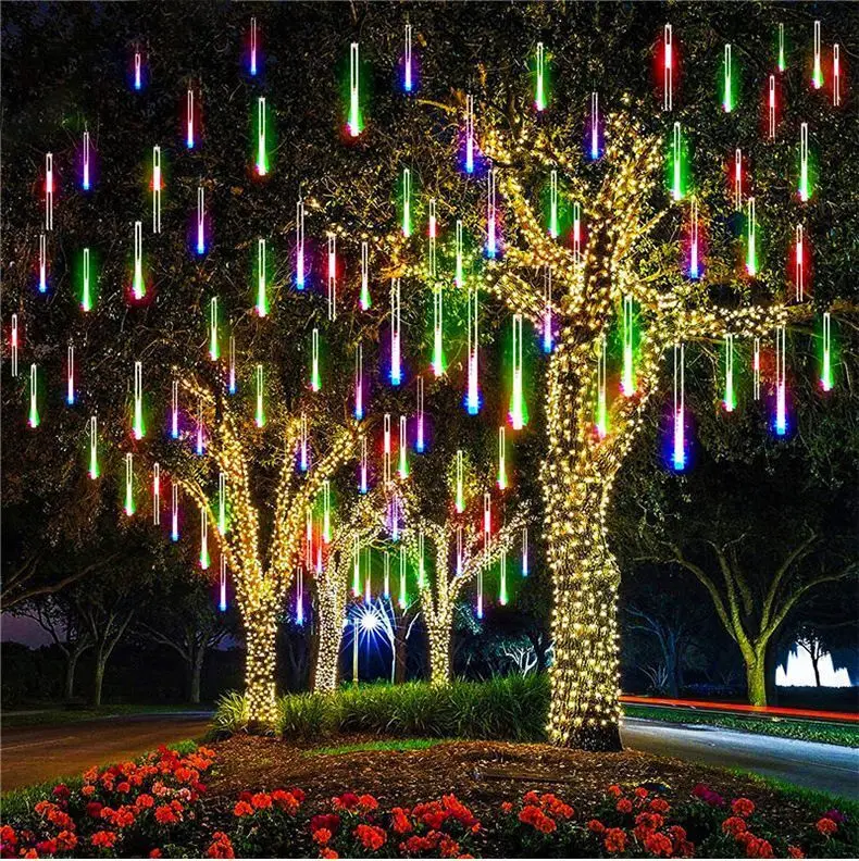 EU/US Plug LED Meteor Shower Lights Outdoor Meteor Lights 8Tubes LED Falling Raindrop Christmas Halloween Fairy String Lights