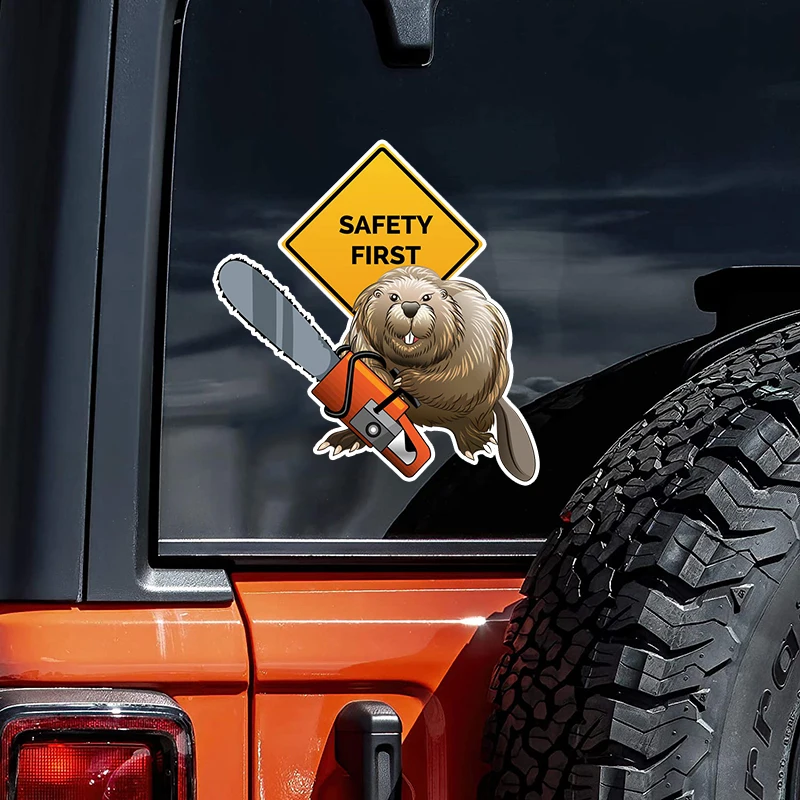 V1445# Funny Warning Car Sticker Safety First Beaver with A Chainsaw Decal Fashion Decoration Vinyl Bumper Stickers