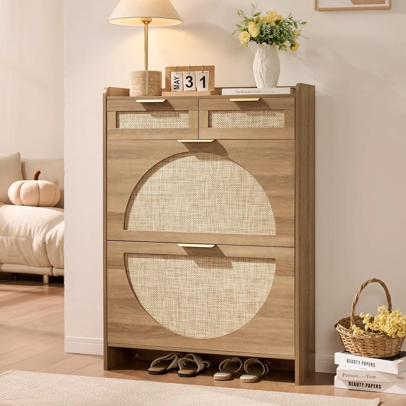 Rattan Shoe Storage Cabinet with 2 Flip Drawers & 2 Drawers, Freestanding Organizer for Front Door Entrance, Hidden