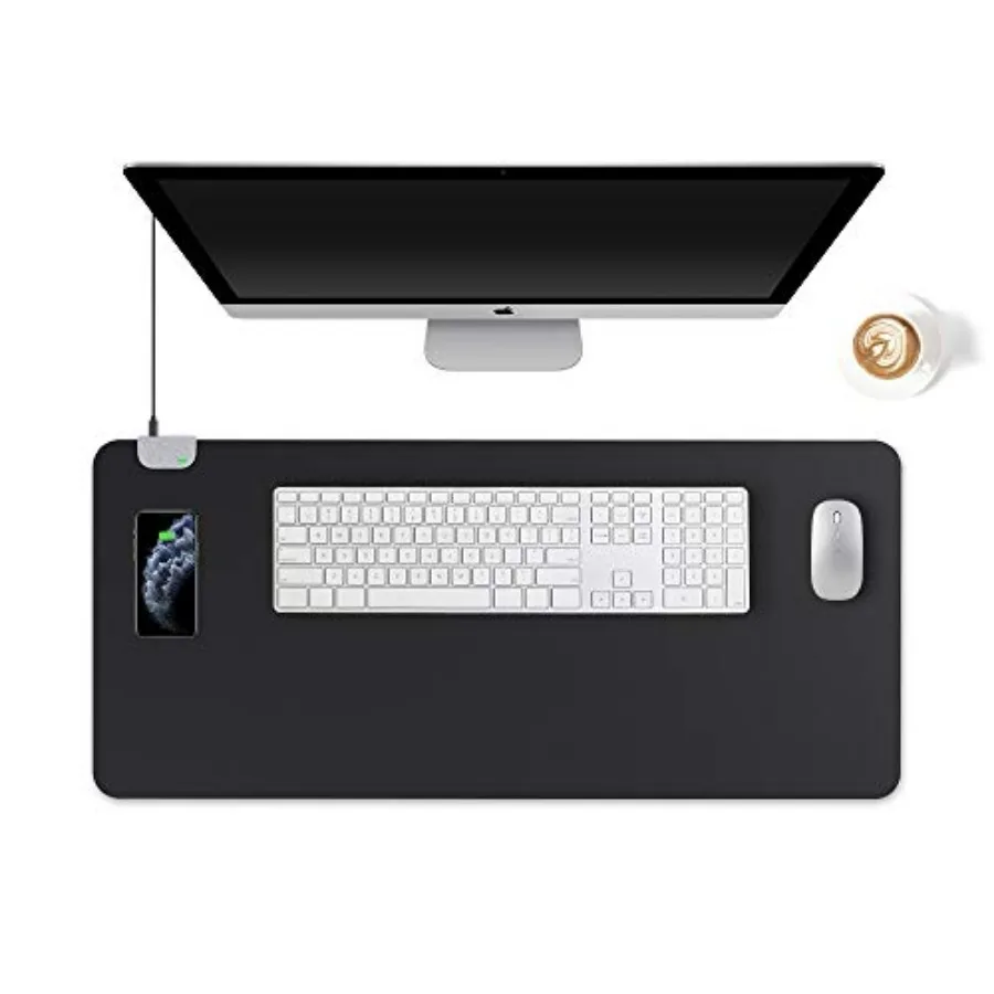 Multifunctional Office Desk Pad Large Waterproof Pu Leather Mouse Pad 2-in-1 Use Desk Writing Mat with Wireless Charging for Ho