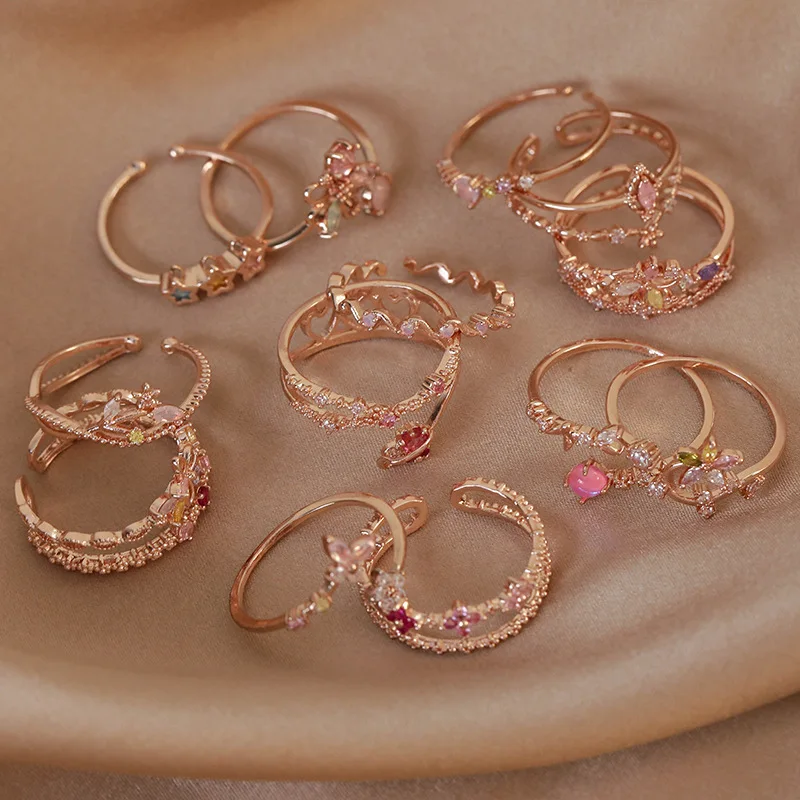 Adjustable Geometric Open Ring Micro Set Zircon Stone Minimalist Niche Design Finger Accessory
