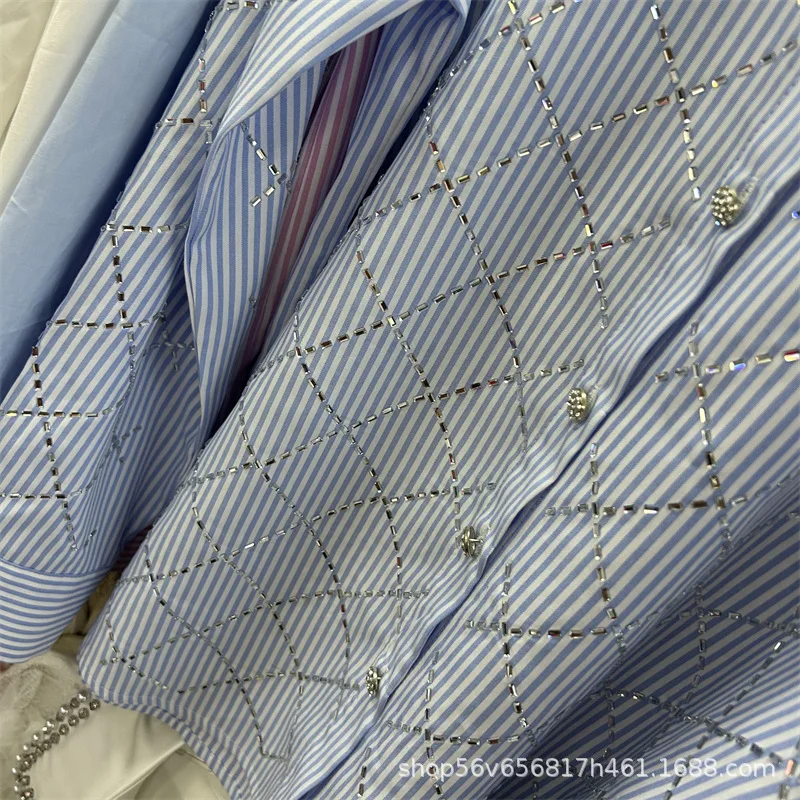 Women Hot Drilling Grids Diamonds Striped Shirts Casual Loose Plaids Crystal Blouse Long Sleeved Single Breasted Cardigan Tops