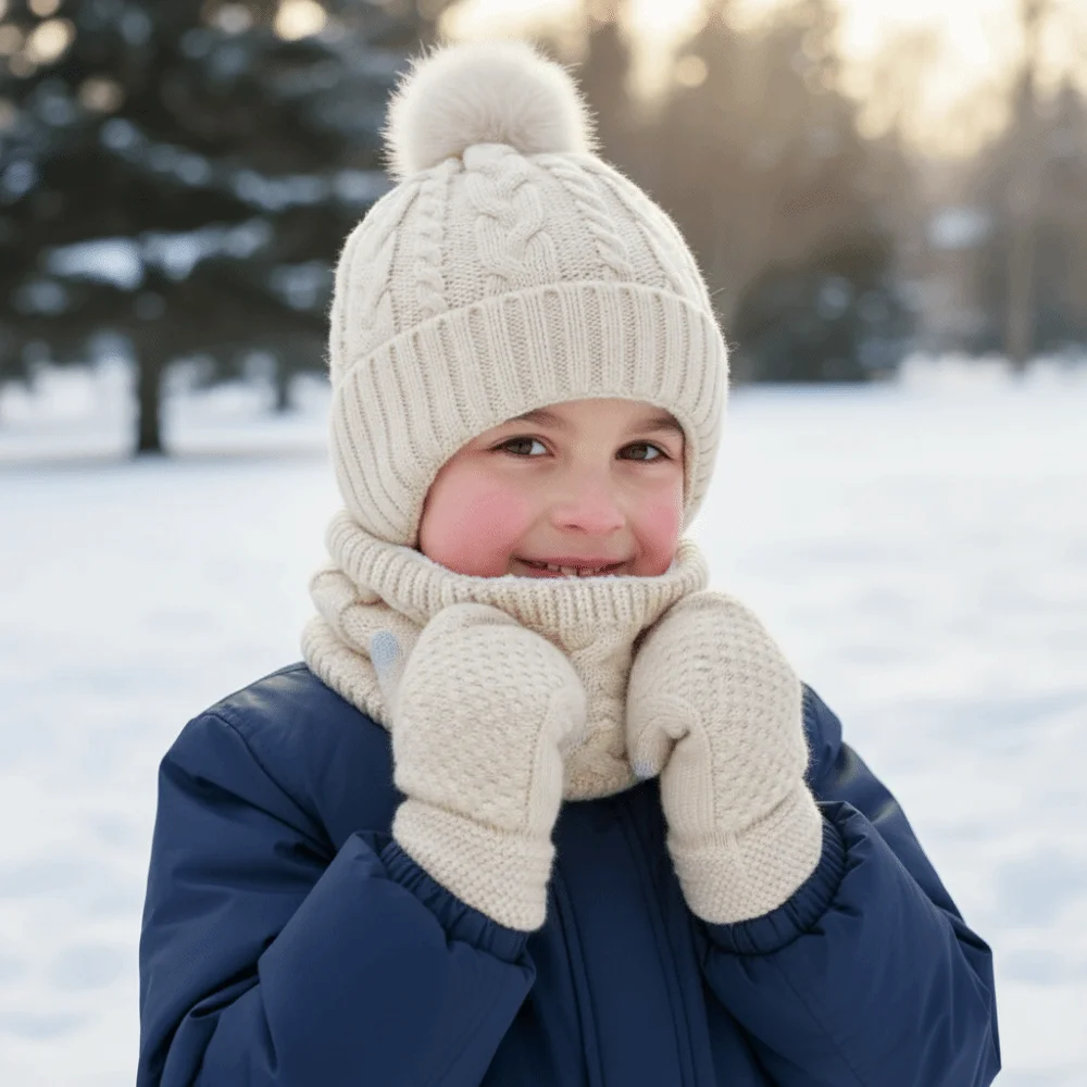 

Solid Color Baby Hat Scarf Gloves Set Warm Ears Thickened Toddler Knitted Hats Keep Warm with Velvet Hat Set Christmas Gift