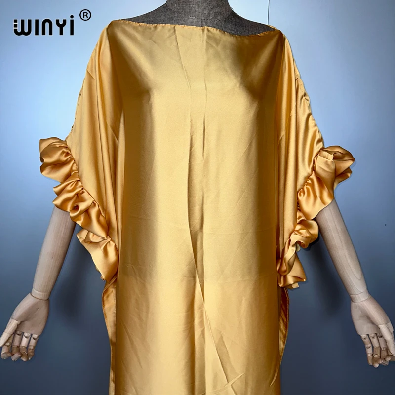WINYI pure colour Comfortable evening dress dubai luxury Female loose Print kaftan muslim woman clothing holiday beach dress