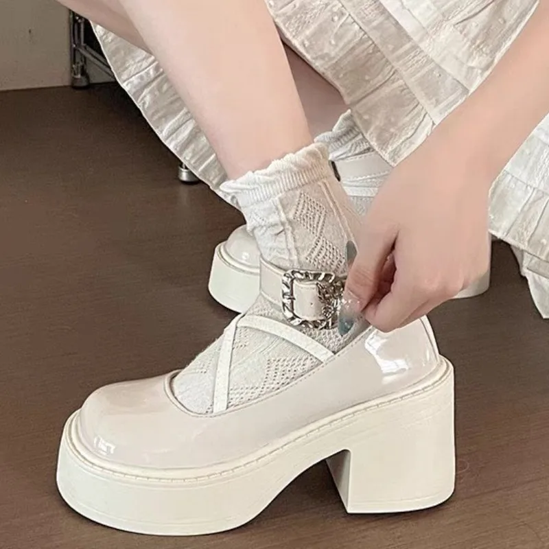 Women's Shoes 2024 Fashion Buckle Women's Pumps Autumn Mary Jane Round Toe Shallow Solid Dress Platform Chunky Heels Shoes