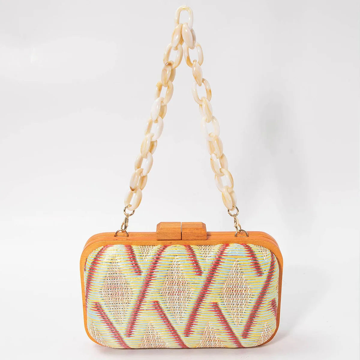 Fashion Wooden Clip Clutch Bag for Women Acrylic Chains Lady Shoulder Bags Geometric Patterns Handbags Summer Beach Party Purses view 5