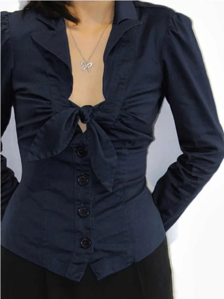 

Y2k Aesthetic Women Sexy Cropped Blouse 2025 Solid Single Breasted Slim Fit Grunge Shirt Harajuku Pleated Bow Streetwear Blouses