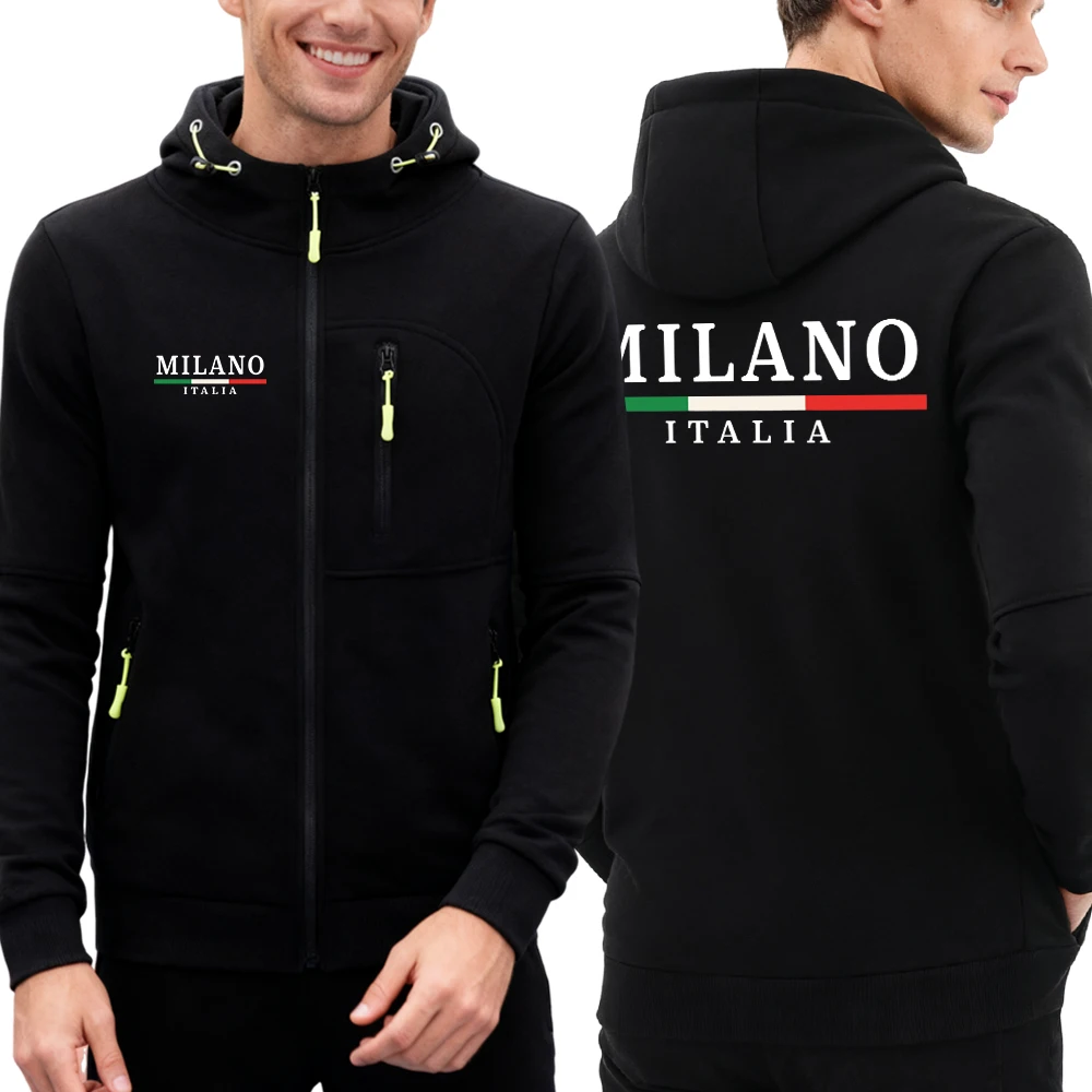 ميلانو إيطاليا العلم اللون يطبع رجل قلنسوة بسحاب الشتاء زمم جيب مقنعين فضفاض الصوف معطف دافئ موضة مريح ملابس الرجال