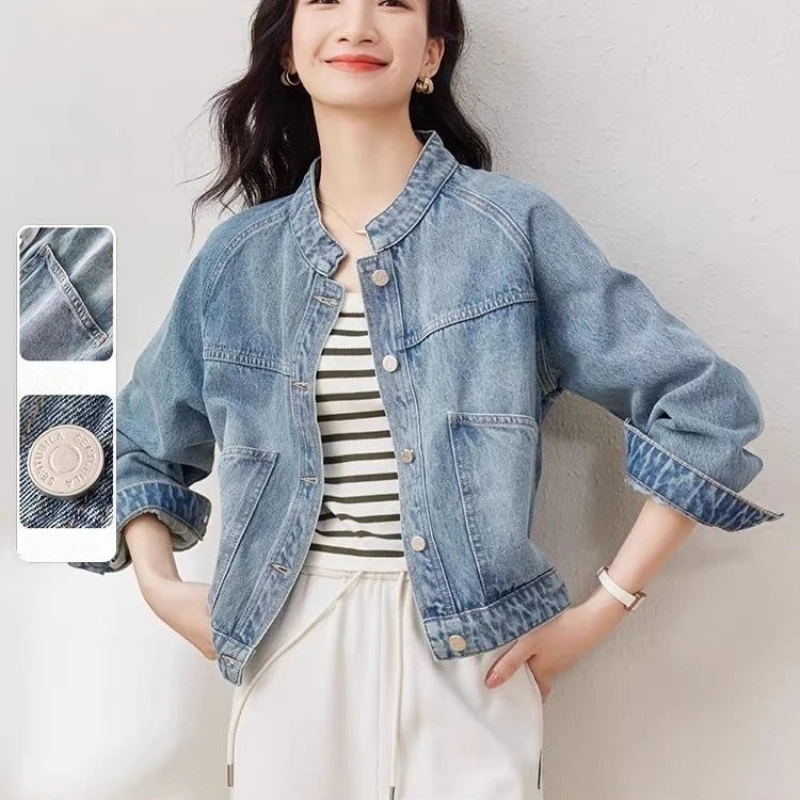 Vintage Washed Blue Denim Cropped Jacket for Petite Women Spring Fall Stand Collar Long Sleeve Jean Coat Casual Loose Outewear - view 3