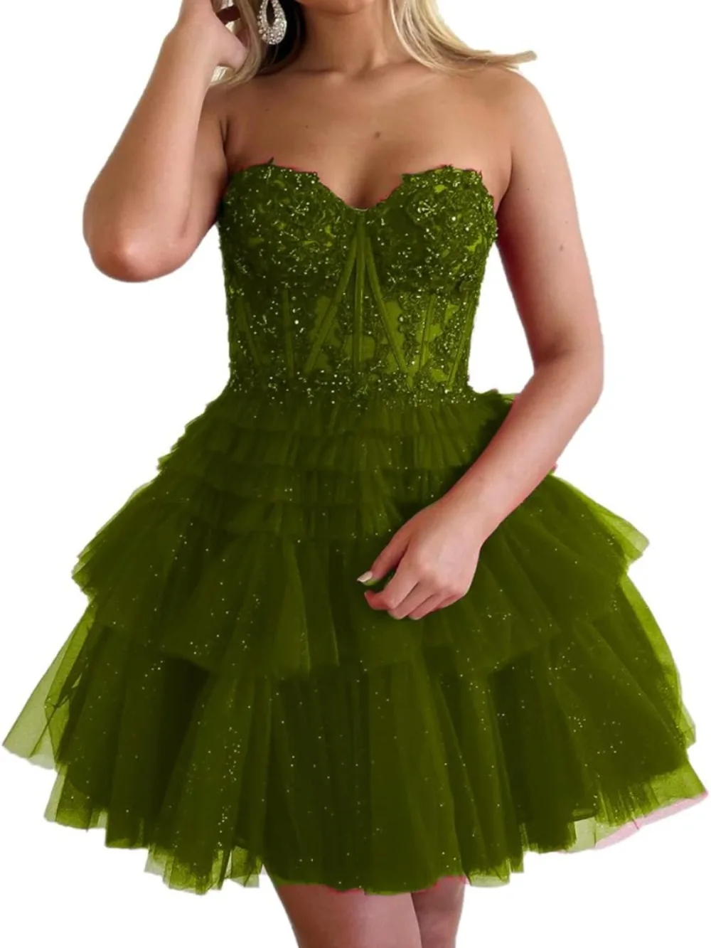 

Women's Strapless Tulle Tiered Ruffle Homecoming Dresses Sparkle Sexy Short Glitter Sweetheart Prom Cocktail Dress for Women