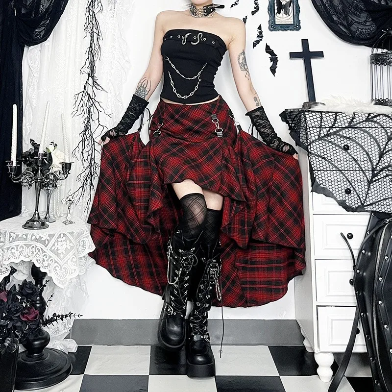 

Women's Dress Skirt Asymmetrical Plaid Skirts Red And Black Chain Detail Gothic Punk Mini Skirt Mid Thigh Front Floor Length