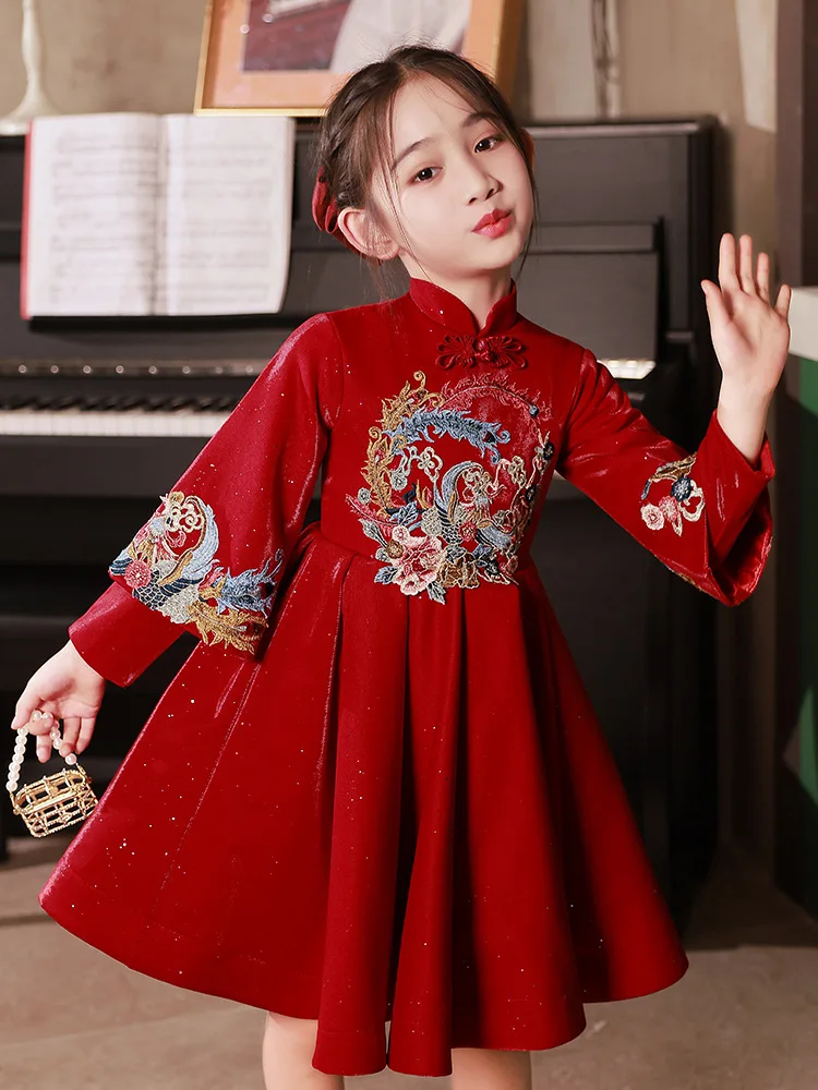 Children\'s Birthday Party Evening Dress Cute Flower Girls Princess Dress Vintage Chinese Kids Embroider Performance Clothing