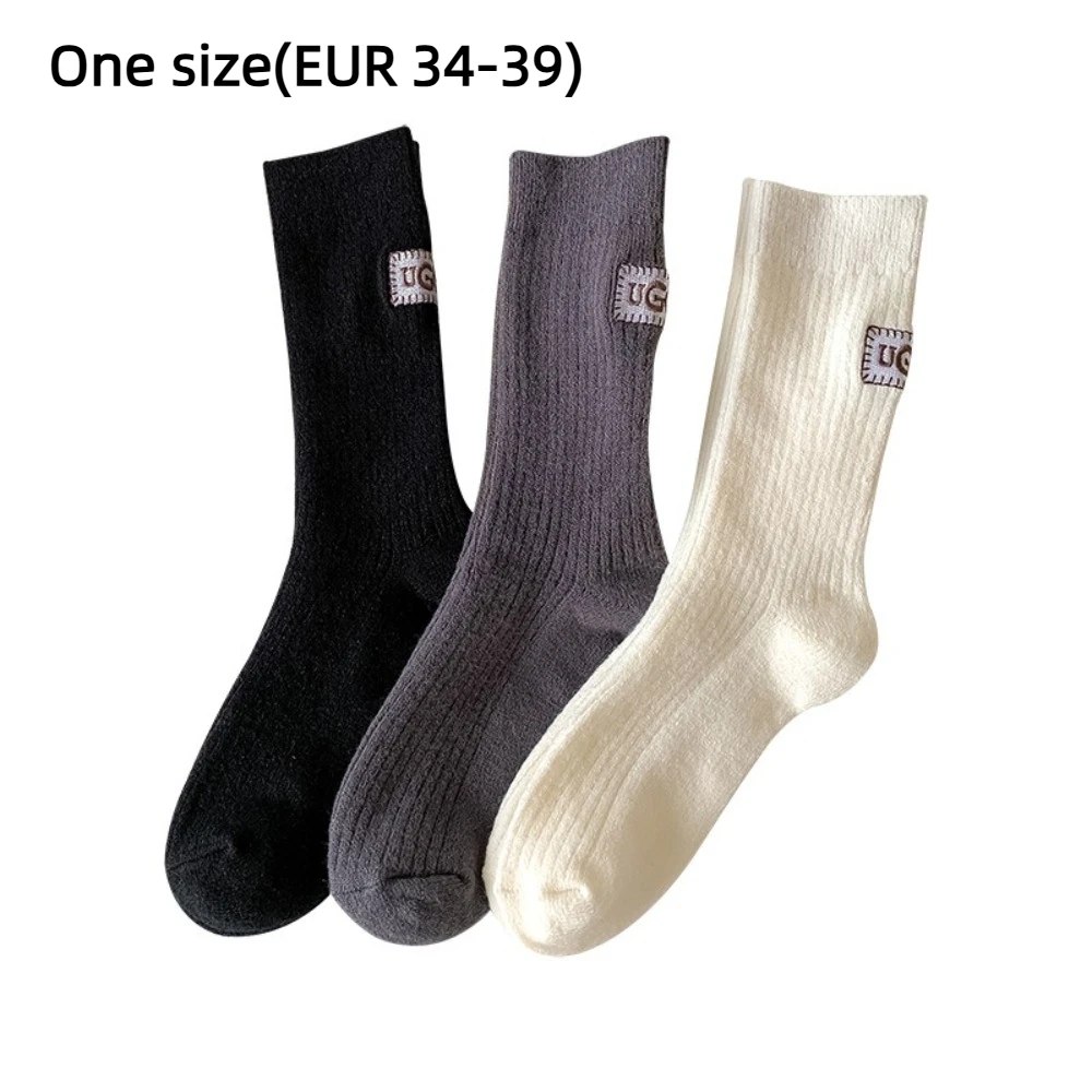 New Thickened Warm Velvet Socks Middle Tube Keep Warm Snow Boot Socks Solid Color Heel Embroidery Label Mid-Tube Socks Winter