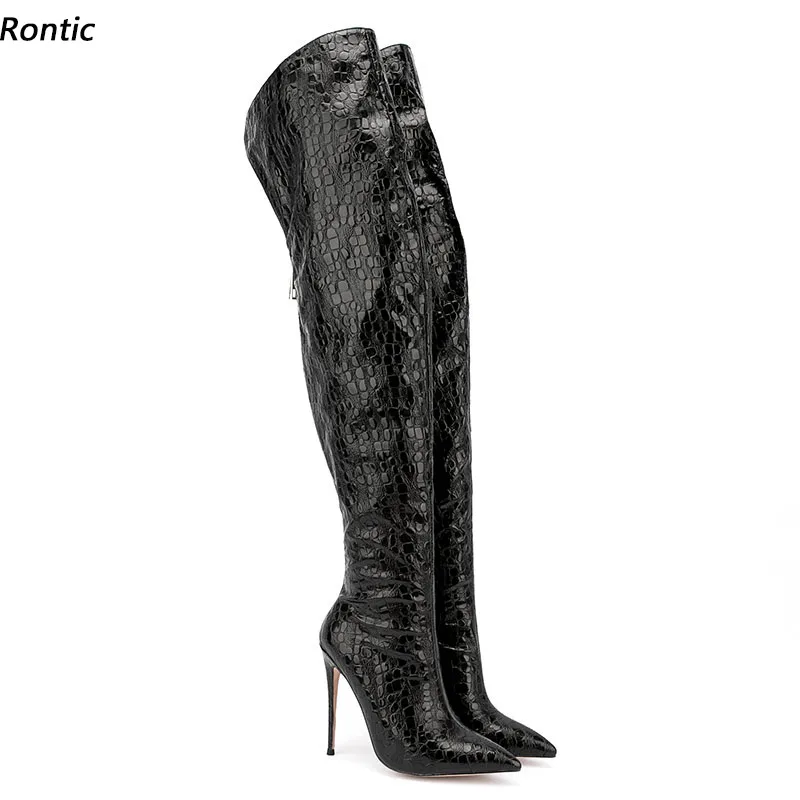

Rontic Handwork Женские зимние сапоги выше колена с каменным узором на шпильке с острым носком Красивые черные туфли для ночного клуба Размер США 5-15