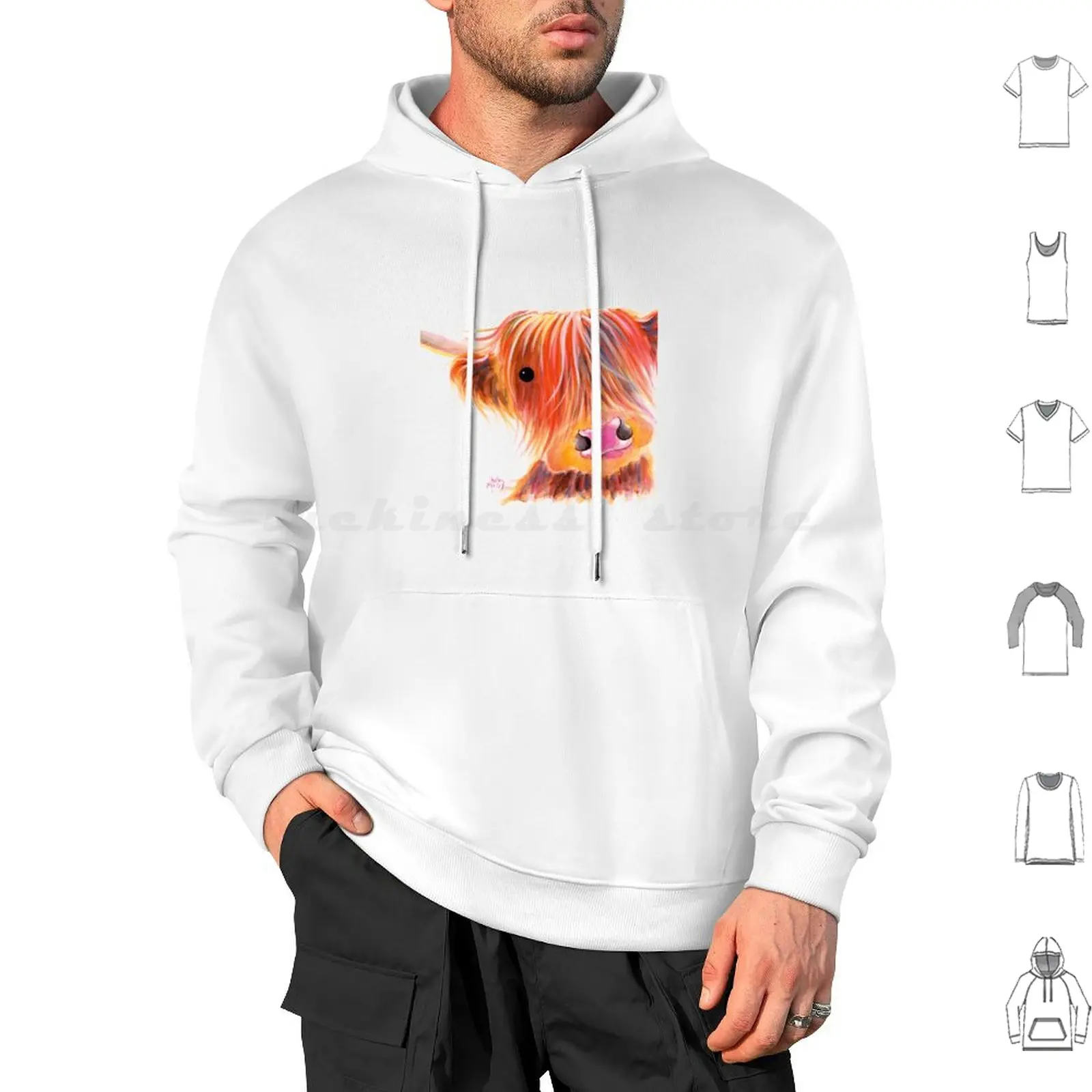 Scottish Highland Cow Print ' Sweet Satsuma ' By Shirley Macarthur Hoodies Long Sleeve Highland Cow Scottish Cow Hairy