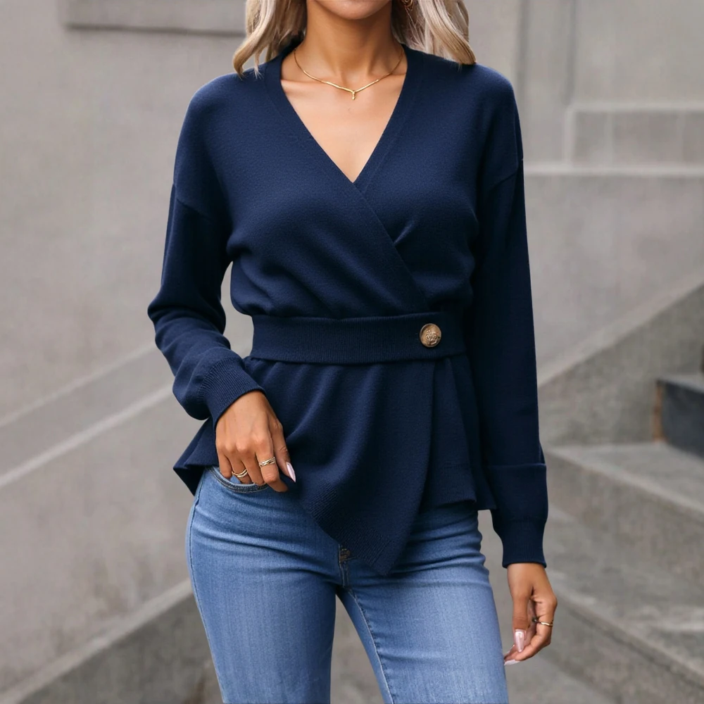 

Женские свитера 2025, зимние однотонные свитера с шалью и воротником с длинными рукавами и запахом спереди, свитера с асимметричным подолом