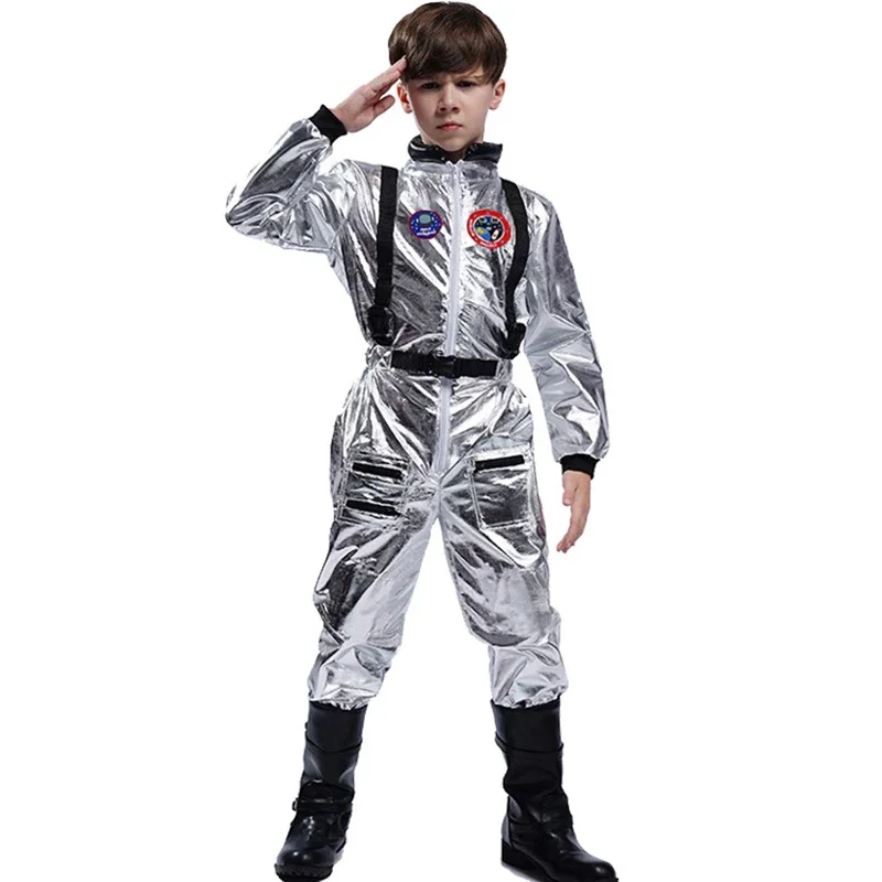 Adulto crianças astronauta traje unisex prata spaceman terno das mulheres dos homens espaço role play fantasia vestir-se festa de família presente aniversário