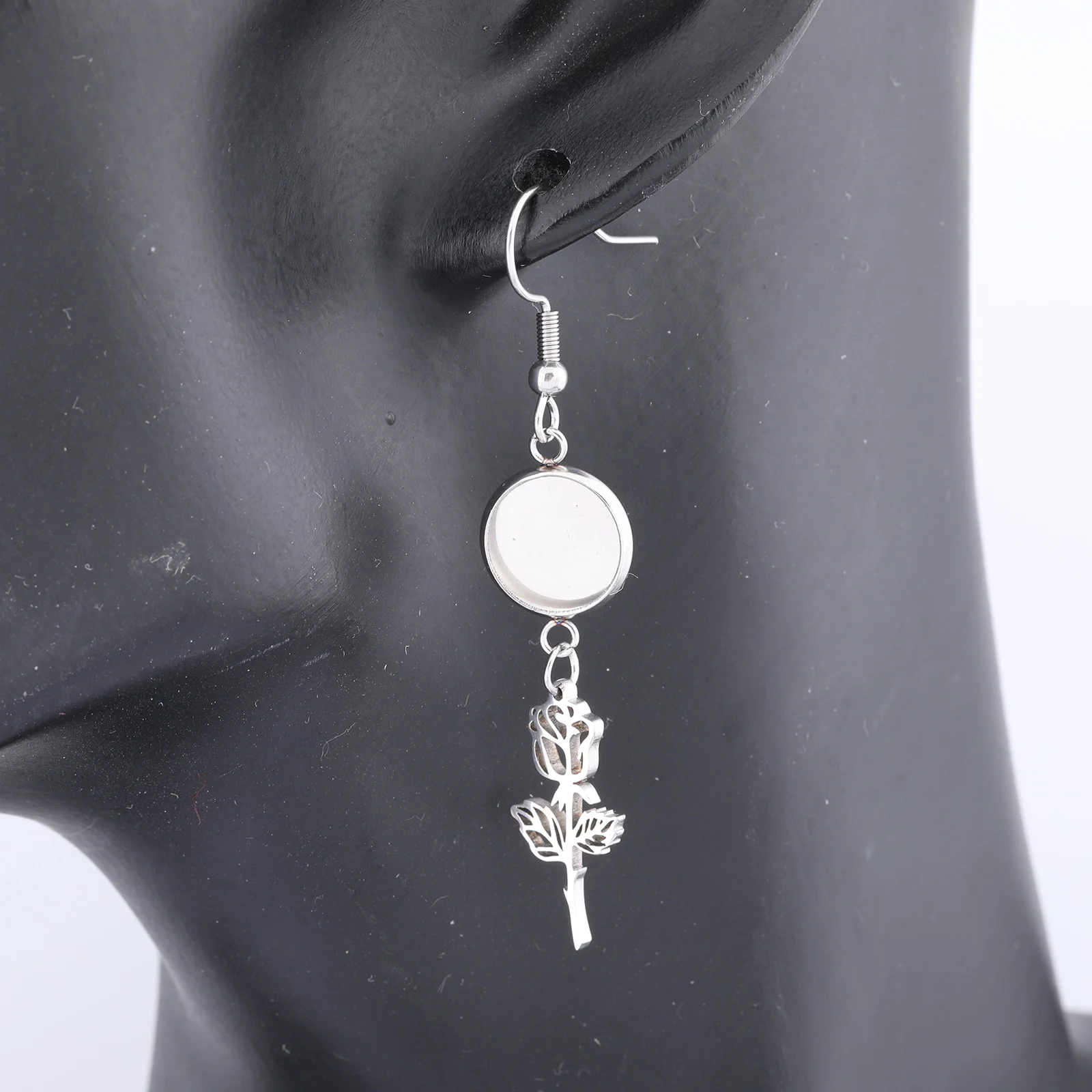 10pcs Stainless Steel Fit 10mm Cabochon Earring Base Setting Trays With Dangle Rose Flower Charms Diy Ear Hooks Findings