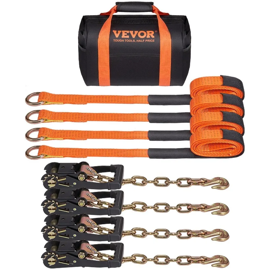 

Car Tie Down with Chain Anchors Lasso Style 2×120 Tire Straps 5865 LBS Working Load 11023 LBS Breaking Strength with Heavy Dut