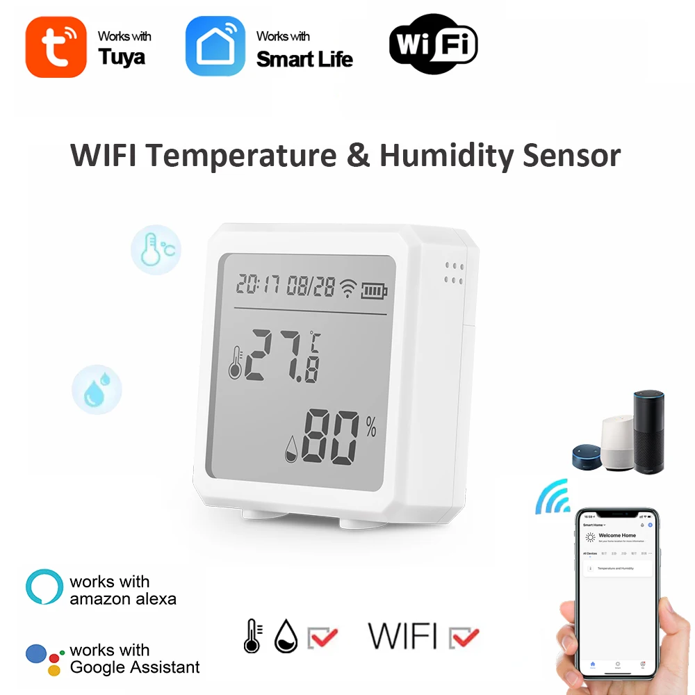 Tela LCD Sem Fio Sensor de Temperatura e Umidade Inteligente, Controle de Voz, Detector Termômetro, Tuya, Inteligente