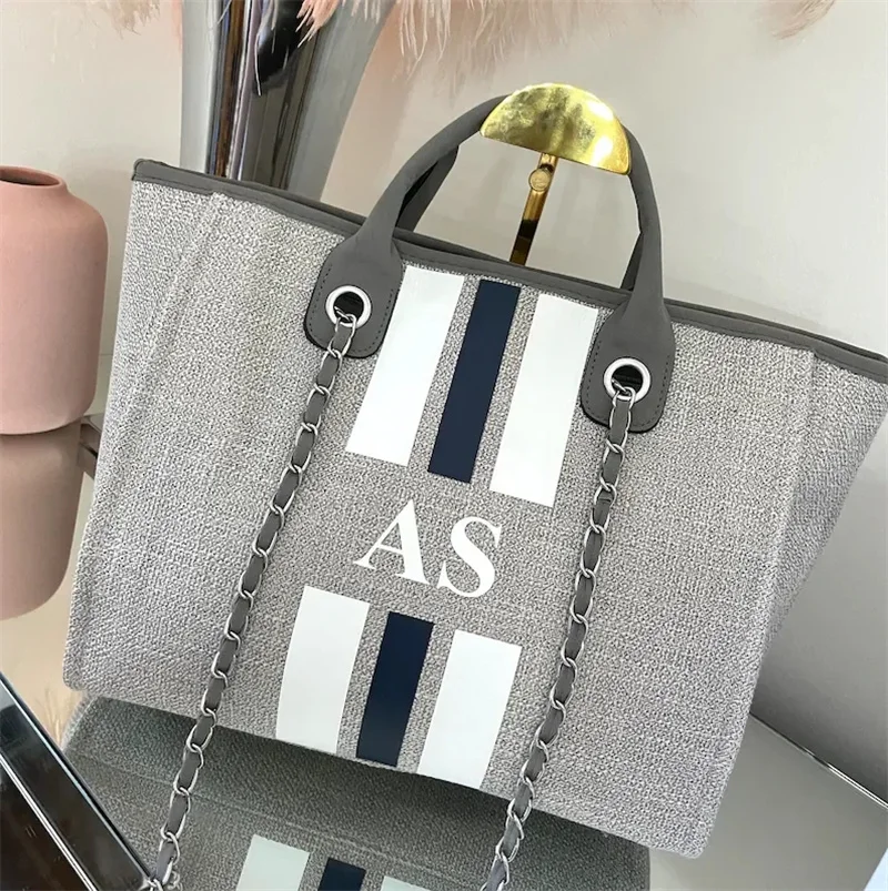 

Monogram Tote Bag Canvas Customised Grey Chain Handbag Personalised Navy White Stripe Initials Beach Holiday Custom Wedding Bags