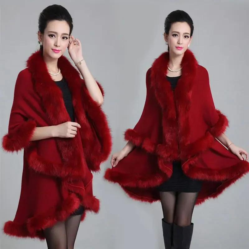 Brieuces New Fashion Long Wool Cashmere Faux Fox Fur Coat Cardigan Women Poncho Knitted Sweater Women Scarves Autumn And Winter