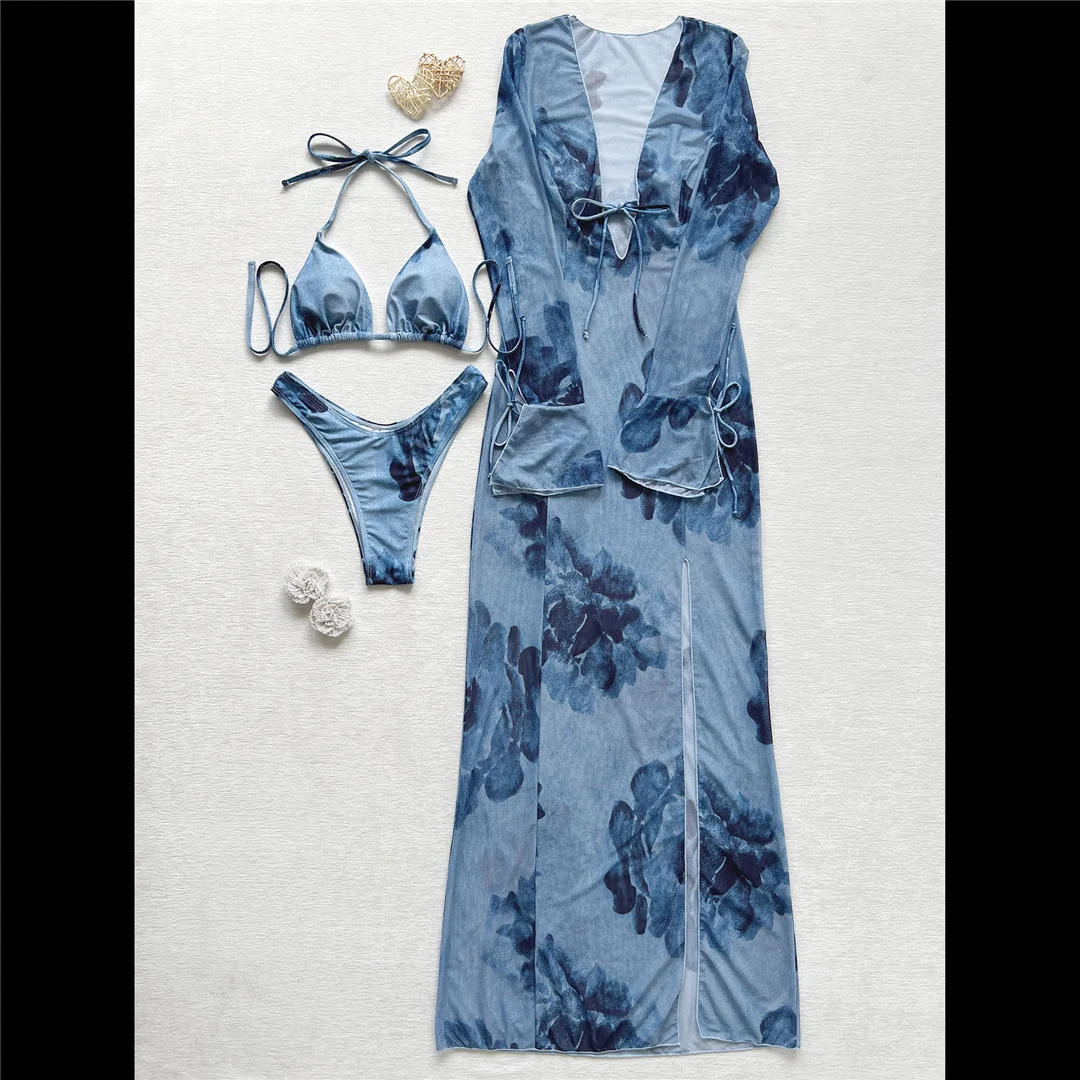 Mit langem, bedrucktem Bikini-Oberteil, Damen-Badebekleidung, dreiteiliges Bikini-Set, Badeanzug, Badebekleidung, Schwimmanzug V8389 – Detail 5