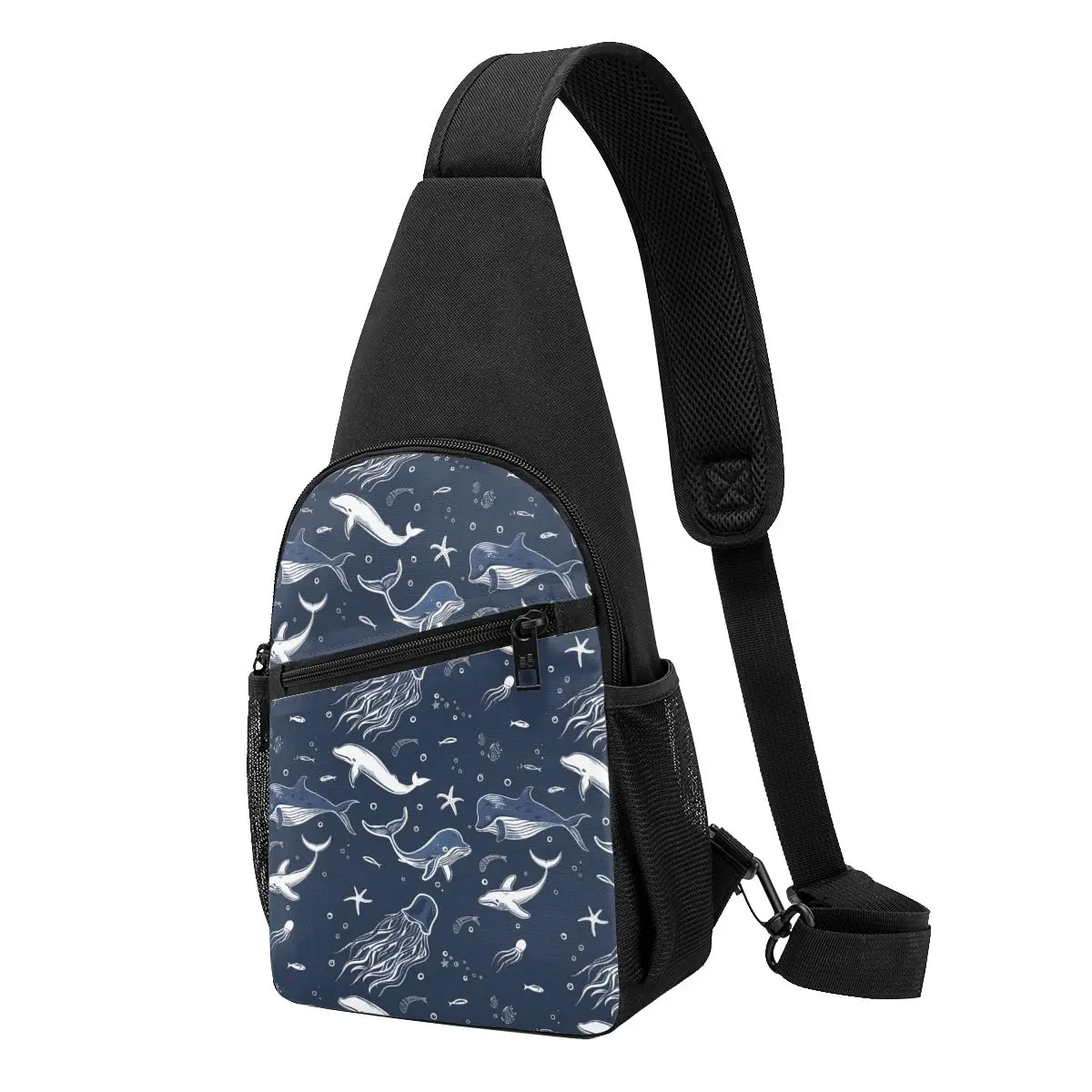 Sea Animals White Lines Dark Blue Background Chest Bag Men Sling Crossbody Backpack Chest Bag Hiking Daypack Shoulder Bag