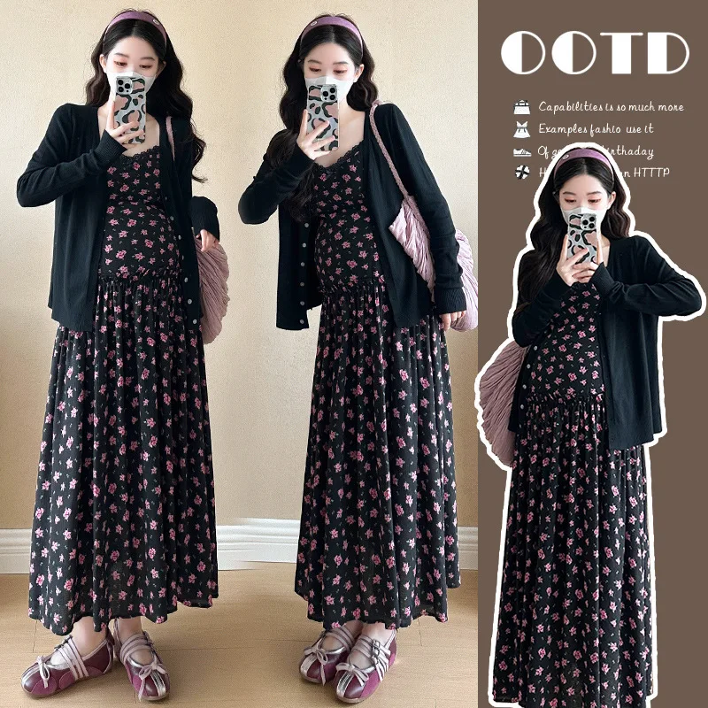 

2025 Trendy and French Style Pregnancy Set Early Autumn Floral Lace Dress Cardigan Two Piece Outfit Youthful Chic Maternity Wear