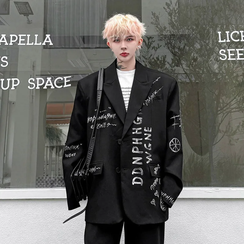 WVGA Spring Autumn New Men Tide Solid Color Lapel Hand-painted Letter Pattern Trendy Blazer Niche Chic Casual Jackets Ins W18875