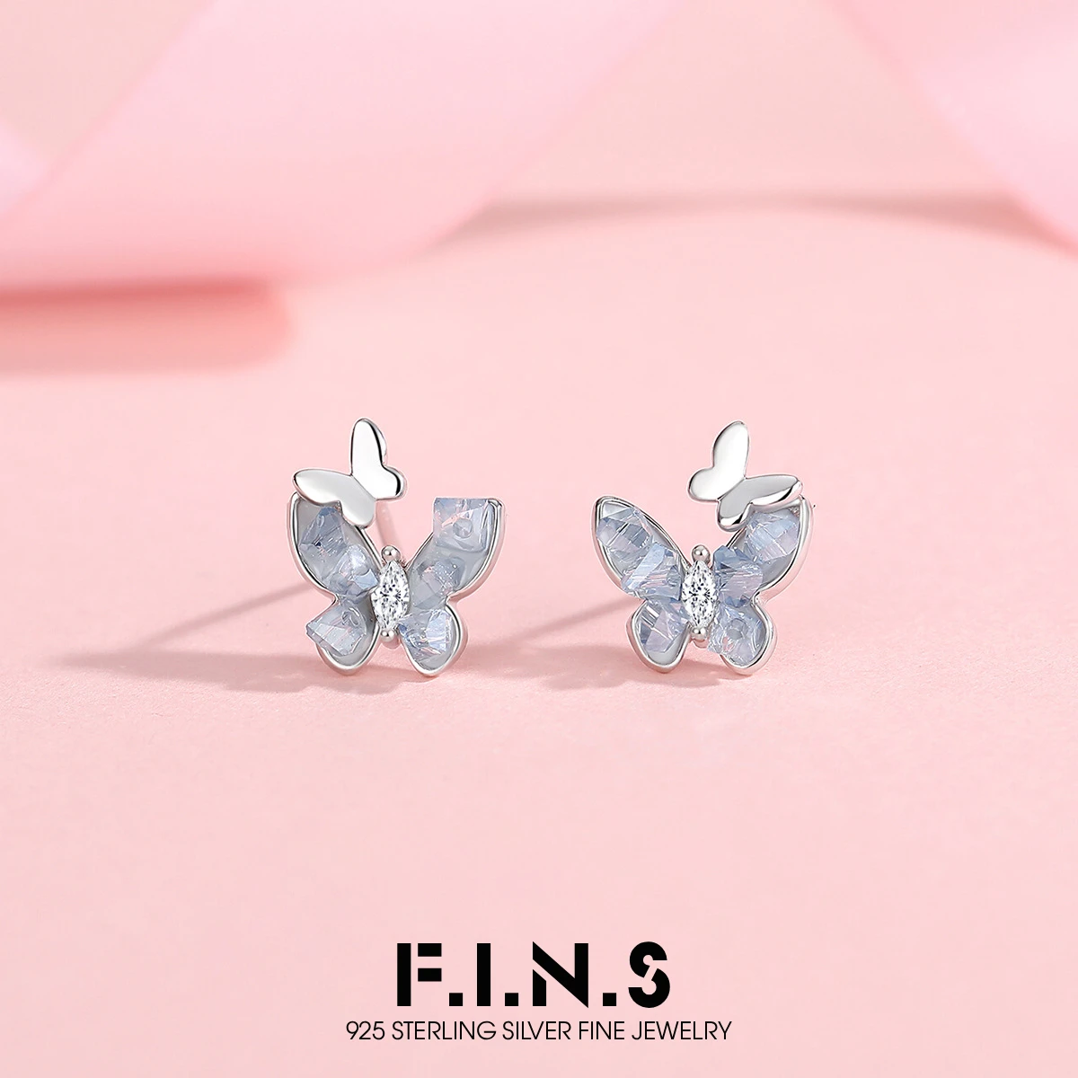 F.I.N.S S925 Sterling Silver Women’s Butterfly Earrings Unique Versatile Glass Glow-In-The-Dark Piercing Ear Studs Fine Jewelry
