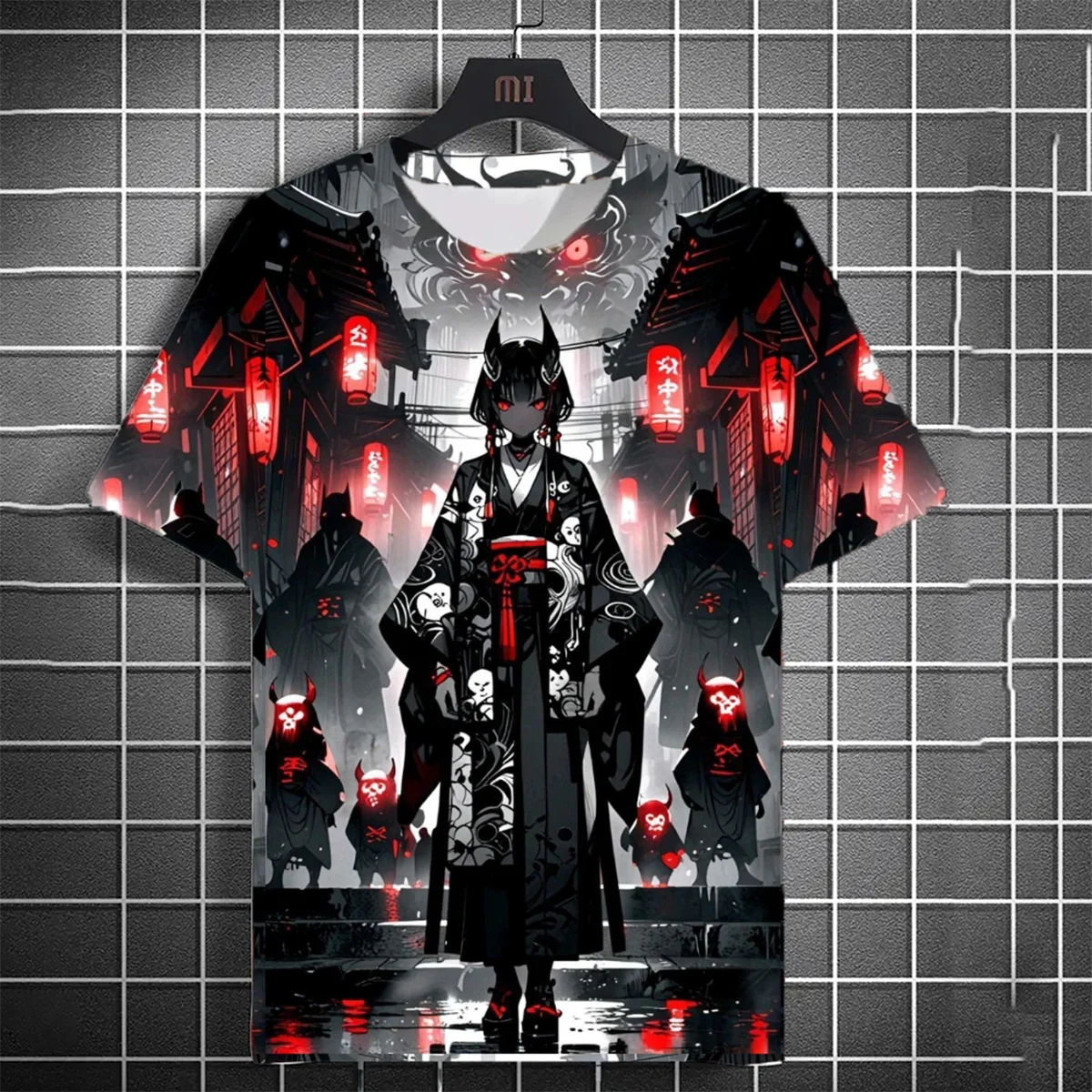 Men's fashionable versatile T-shirt 3D printed samurai sword girl anime personality short sleeved fashionable men's clothing