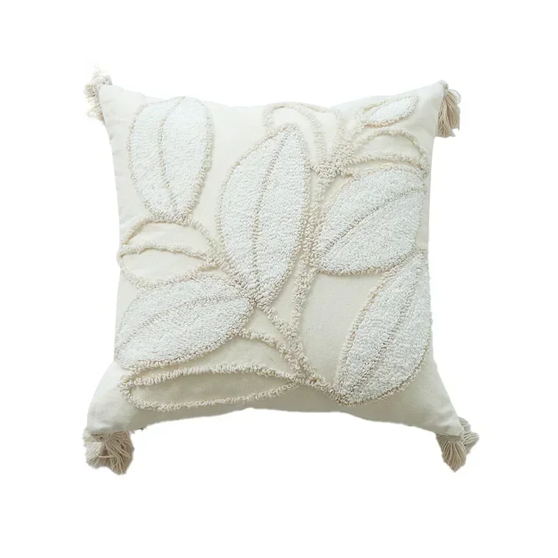 

Beige White Tufted Pillow Covers Decorative Leaf Embroidered Tassels Couch Cushion Cover Wabi-sabi Decorative Pillow for Sofa