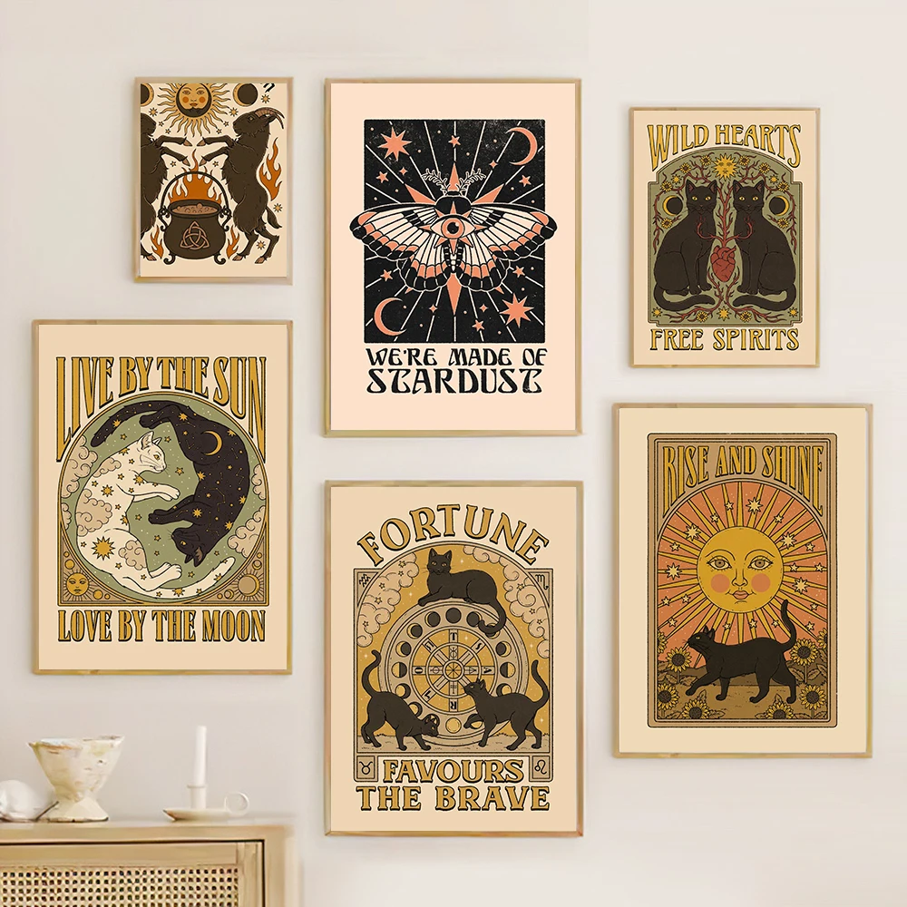 

Witch Fortune Sun Moon Stardust Retro Animal Luck Cat Canvas Painting Room Home Decor Tribe Poster Print Vintage Card No Frame