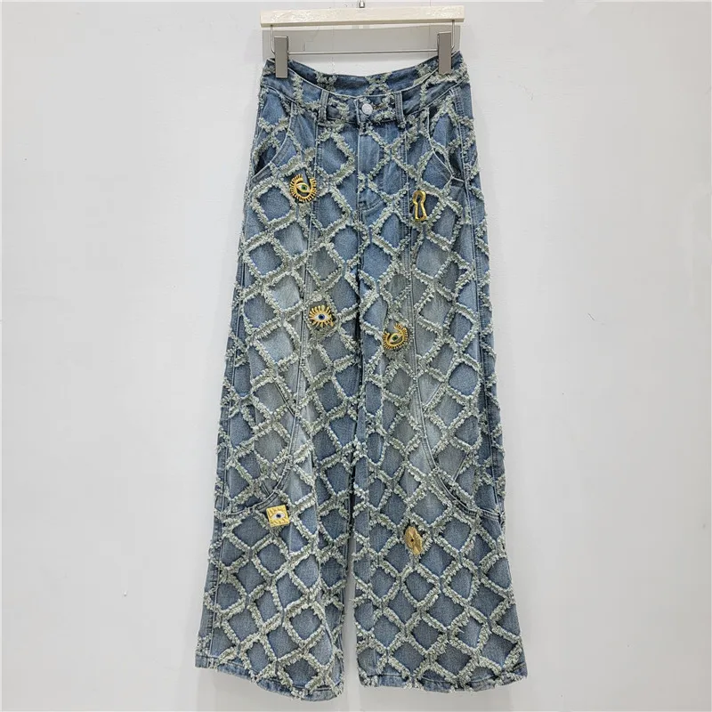 

Женские джинсы с высокой талией, свободного кроя, с эффектом стройности, прямые, из денима, с жаккардовым узором в клетку и металлическим декором