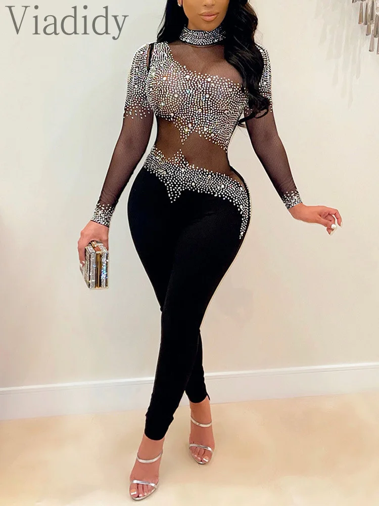 Women Sexy Sheer Mesh Patchwork Long Sleeve Rhinestone Decor Backless Skinny Jumpsuit