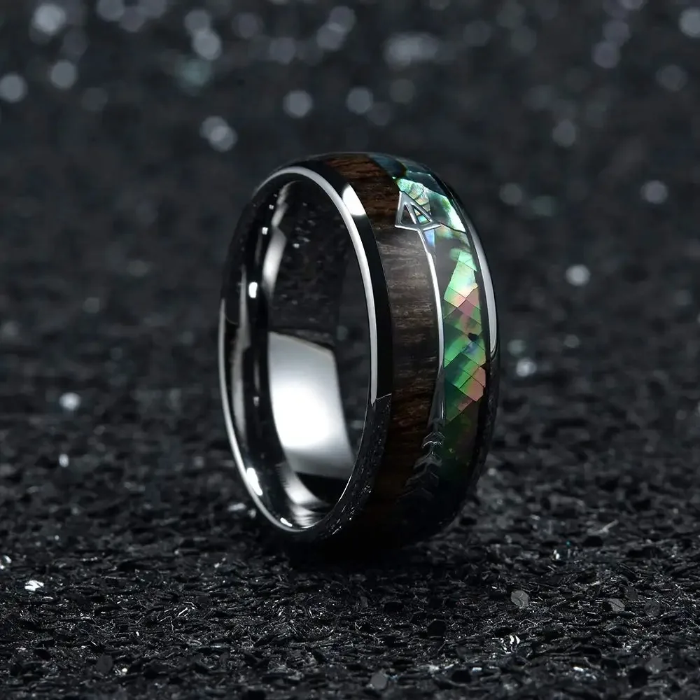 Fashion 8mm Men Stainless Steel Arrow Rings Inlay Rainbow Abalone Shell Koa Wood Rings For Men Women Wedding Band Jewelry Gift