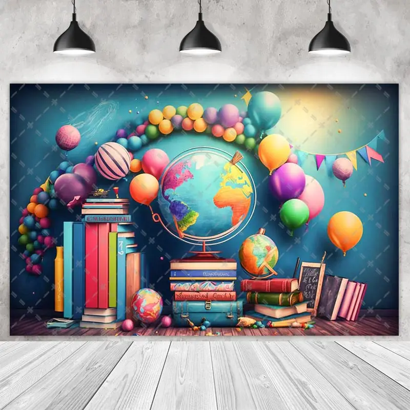 Back To School Backdrops Children Kids Photography Yellow Bus Earth Balloons Rainbow Background Photo Shoot Studio