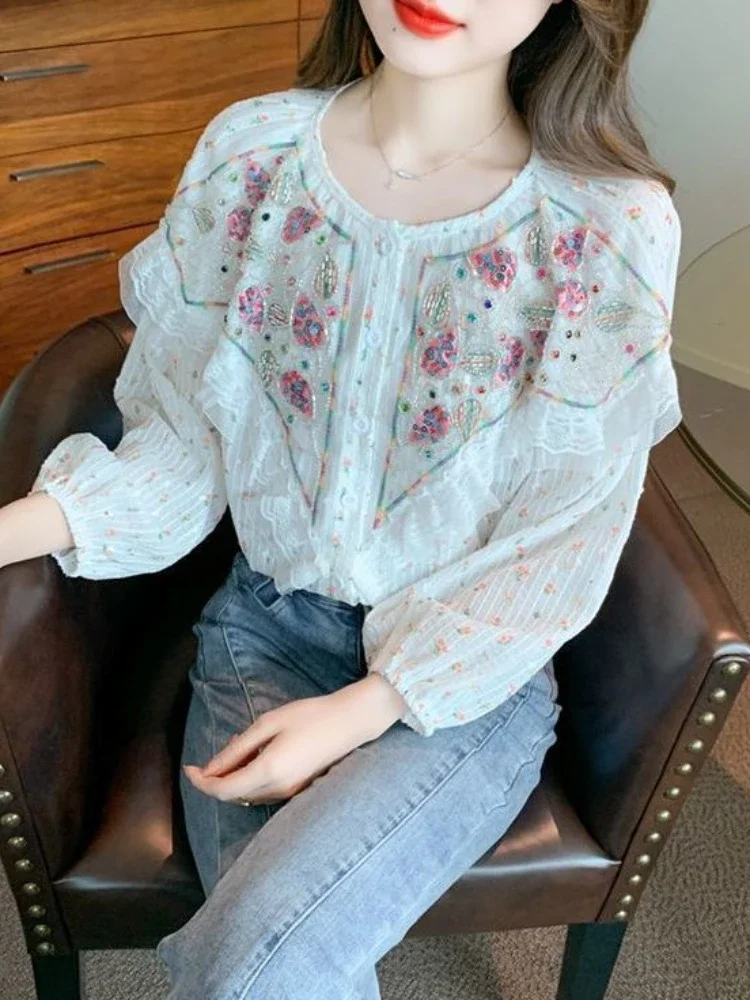 French Design Shirts Heavy Beading Ruffles Patchwork Long Sleeve Single Breasted Blouses Spring Autumn Elegant Women\'s Clothing