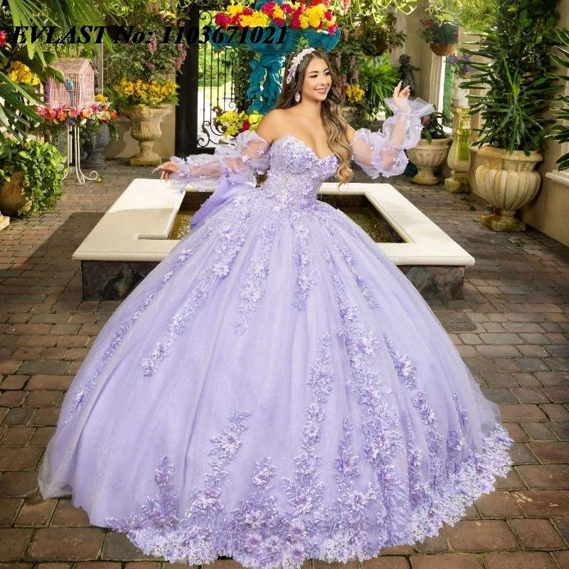 

EVLAST Shiny Lavender Ball Gown Quinceanera Dress Floral Applique Beading Puffy Sleeve Bow Sweet 16 Vestidos De 15 Anos SQ206