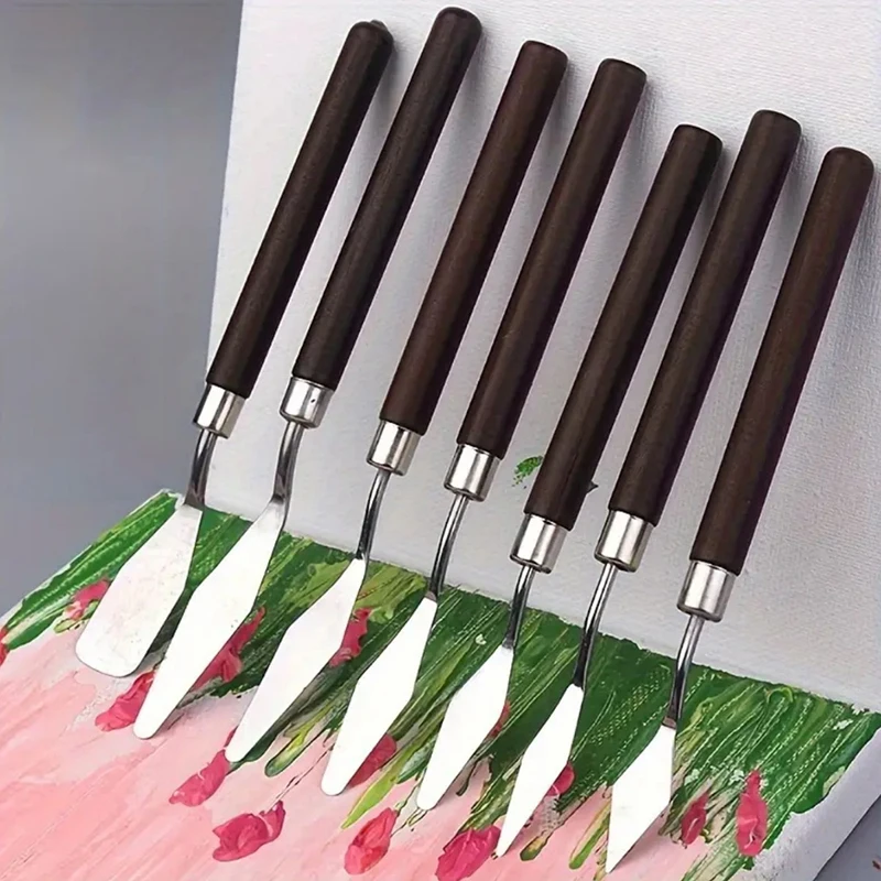 Ensemble de 7 outils d'art en bois et acier inoxydable pour la peinture, le mélange de pigments d'aquarelle, d'huile et de gouache